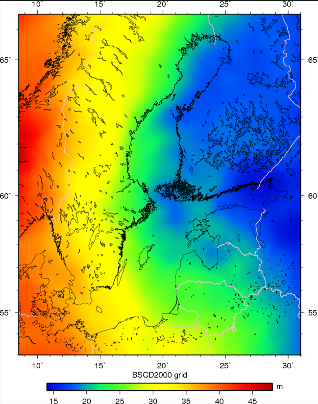 BSCD2000 geoidimudel, mis on lähteks Läänemere piirkonna meresügavustele. Geoidi kõrgused on antud GNSS asukohamäärangul kasutatava Maa referents-ellipsoidi suhtes. Schwabe jt (2026)