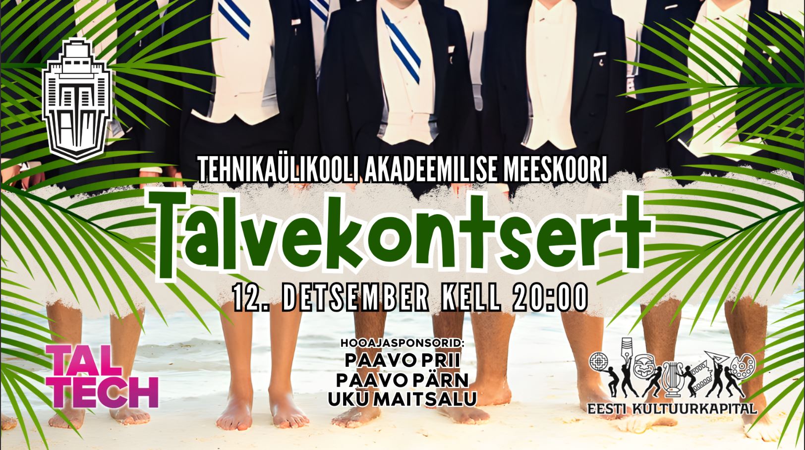 Meeskoori mehed, jalad on liivas ja ülemises osas frakk