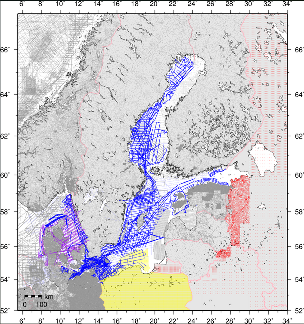 BSCD2000 geoidimudeli arvutuseks kasutatud raskuskiirenduse andmestik. Sinisega ja lillaga on esile tõstetud alates 2013. aastast merealadel tehtud gravimeetrilised mõõtmised. Allikas: Schwabe jt (2026)