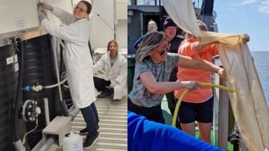 woman in a lab and at sea