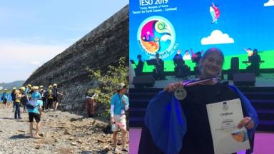 in one image students studying an outcrop, on the other a girl holding a diploma