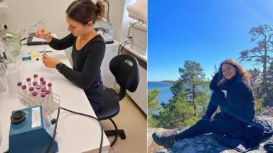 Girl sitting in lab and on a hill