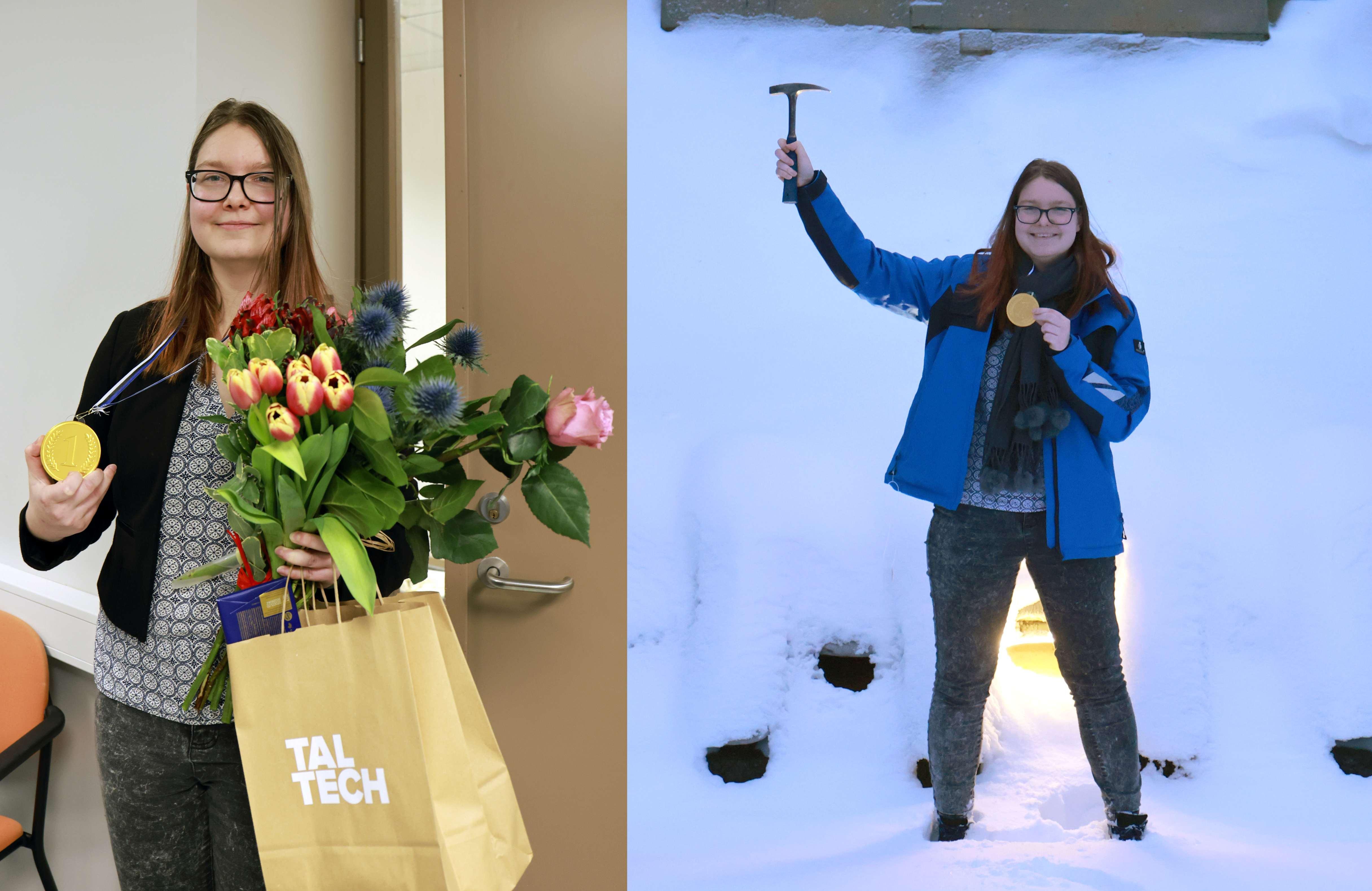 a girl with flowers, a girl holding up a hammer