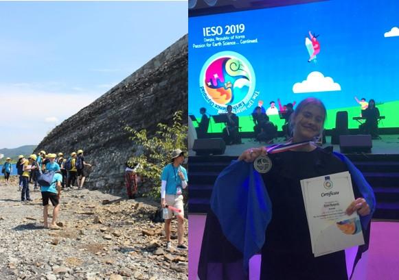 in one image students studying an outcrop, on the other a girl holding a diploma