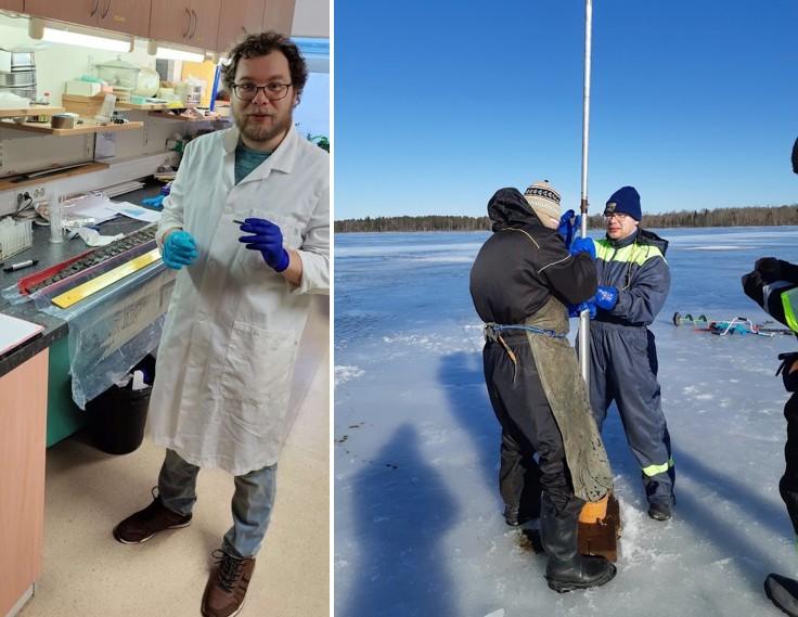 a man in lab, men on ice drilling