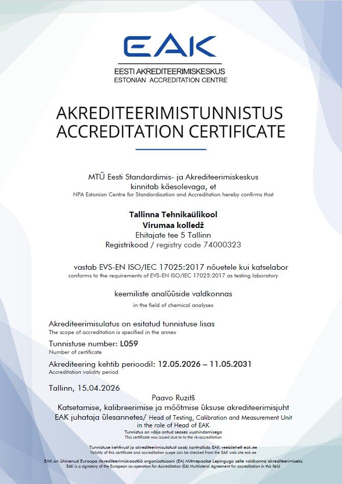 Akrediteerimistunnistus. Kestlike Keemiatehnoloogiate Kompetentsikeskus