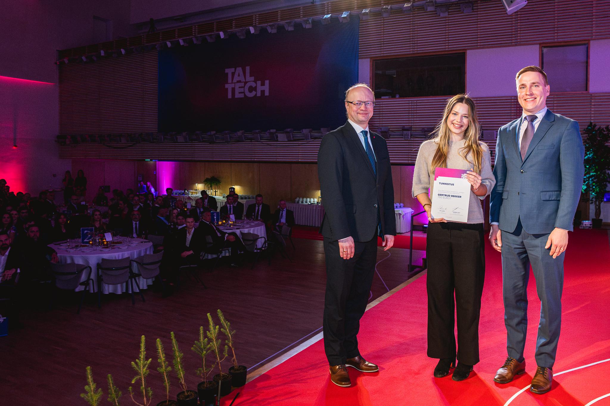 Dean of the TalTech School of IT, Professor Gert Jervan, with student Gertrud Rekker and Professor Alar Konist at the Development Fund Scholarship Ceremony, Spring 2025.
