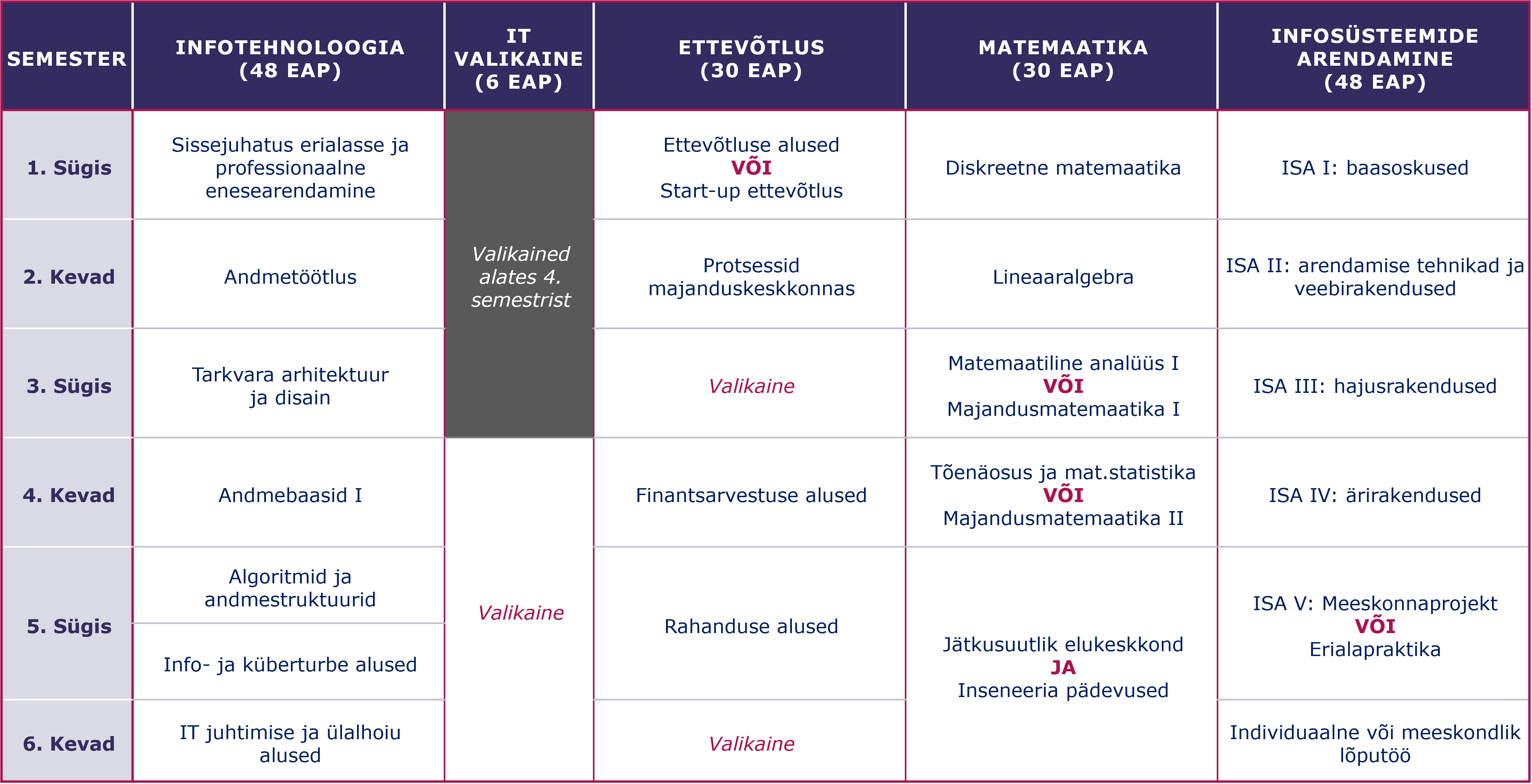 IABB Äriinfotehnoloogia õppekava struktuur õppeainete kaupa