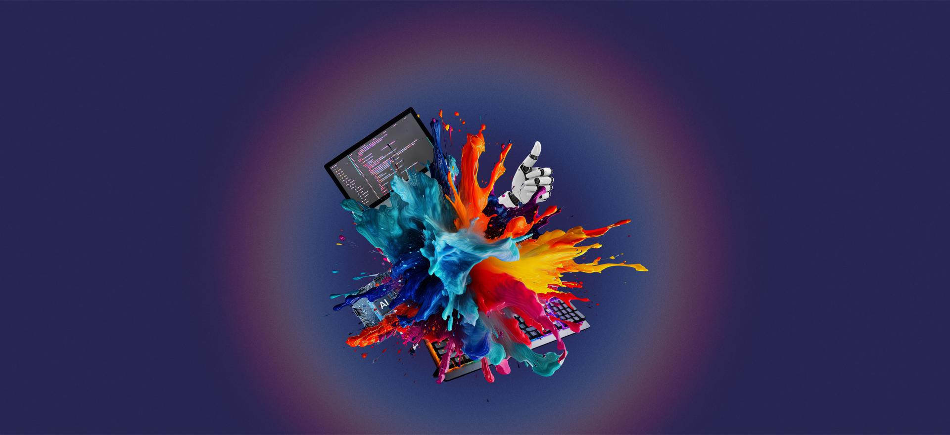 Illustratiivne digitaalne kujundus tumedal taustal, mille keskel on värviliste värvide plahvatus. Plahvatusest ilmuvad informaatika ja tehisintellektiga seotud elemendid: robotkäsi pöidla üles žestiga, programmeerimiskoodiga arvutiekraan, klaviatuur ja tehisintellektiga seotud raamat. Kujundus sümboliseerib tehisintellekti, tarkvaraarendust ja digitaalset innovatsiooni.